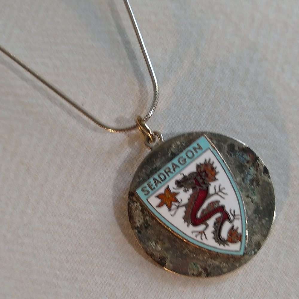 Vintage silver tone Sea Dragon pendant necklace w-sterling chain
